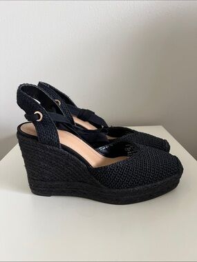Zara Black Woven Ankle-Tie Women’s Heels with Square Toe